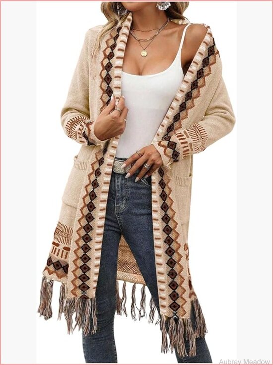 Sweaters - Boho Long Cardigan Sweater Western Fringe Duster Open Front Knit with Pocket